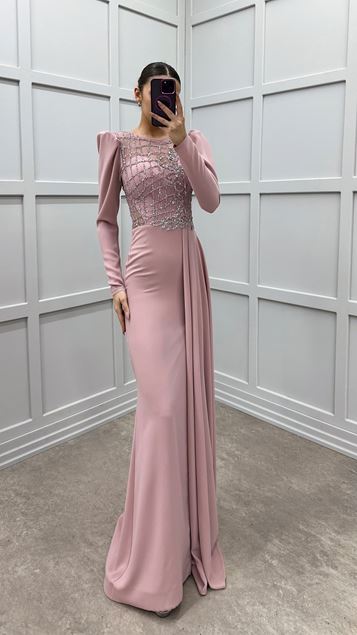 Powder Chest Embroidered Transparent Design Dress