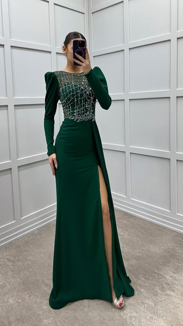 Emerald Green Chest Embroidered Transparent Design Dress