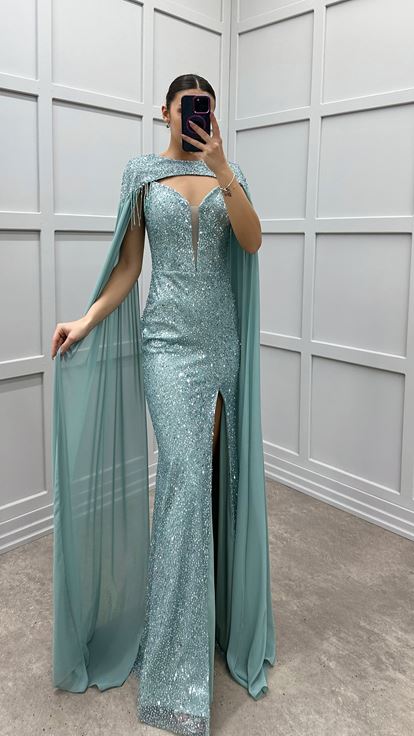 Mint Green Neck Detail Cape Design Sequin Evening Dress