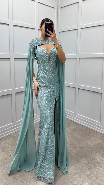 Mint Green Neck Detail Cape Design Sequin Evening Dress