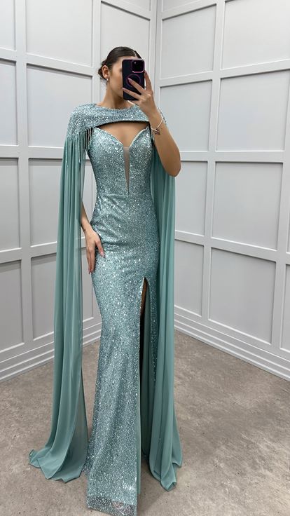 Mint Green Neck Detail Cape Design Sequin Evening Dress