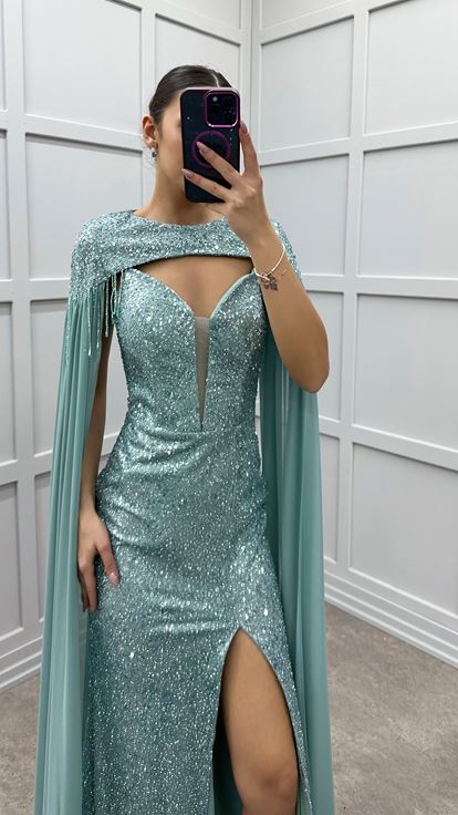 Mint Green Neck Detail Cape Design Sequin Evening Dress