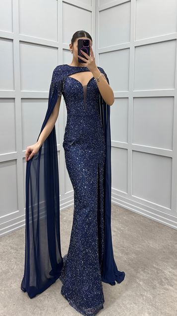 Navy Blue Neck Detail Cape Design Sequin Evening Dress