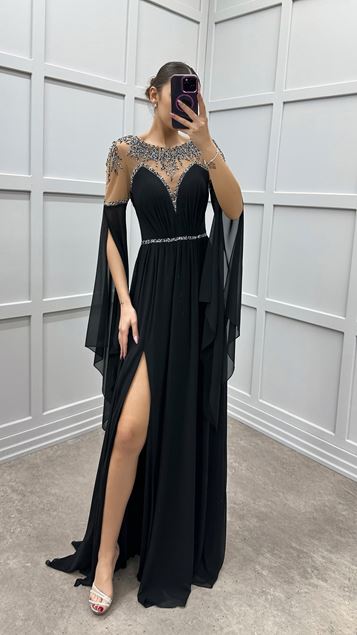 Siyah Kol Detay İşlemeli Tasarım Abiye Elbise