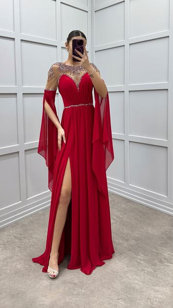 Red Sleeve Detail Embroidered Design Evening Dress