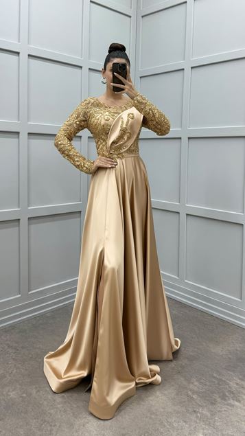Beige Chest Detail Embroidered Satin Evening Dress