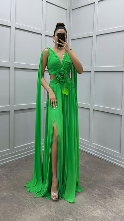 Green Cape Floral Detail Transparent Evening Dress