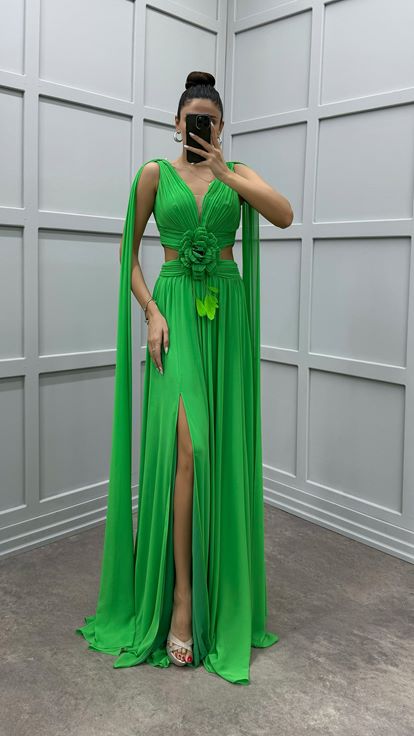 Green Cape Floral Detail Transparent Evening Dress