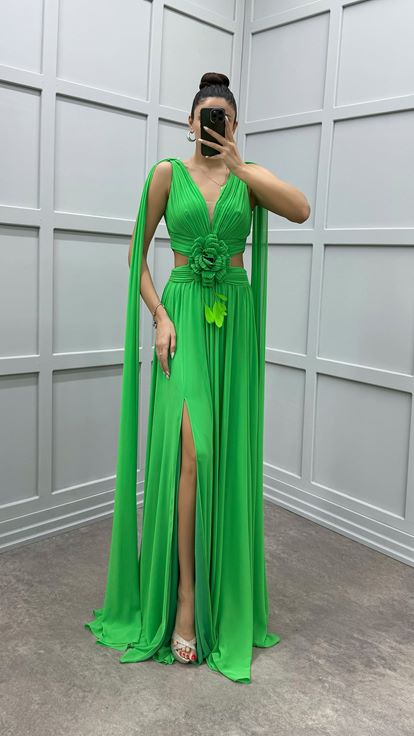 Green Cape Floral Detail Transparent Evening Dress