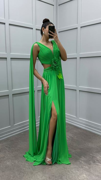 Green Cape Floral Detail Transparent Evening Dress
