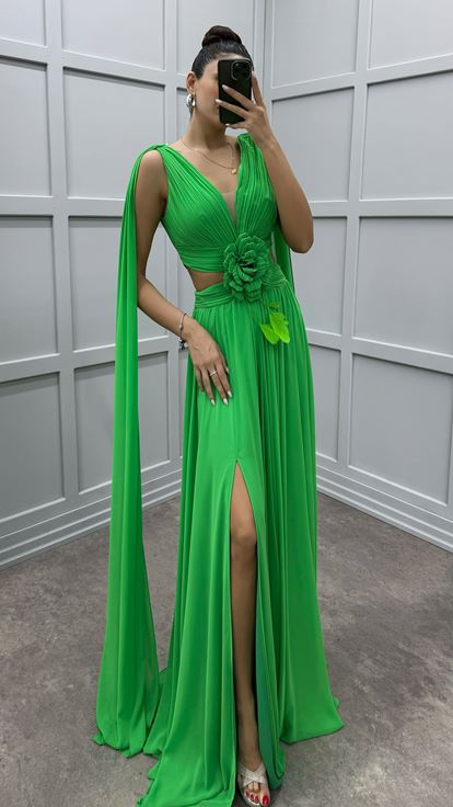 Green Cape Floral Detail Transparent Evening Dress