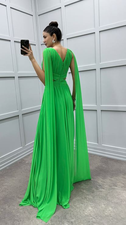 Green Cape Floral Detail Transparent Evening Dress