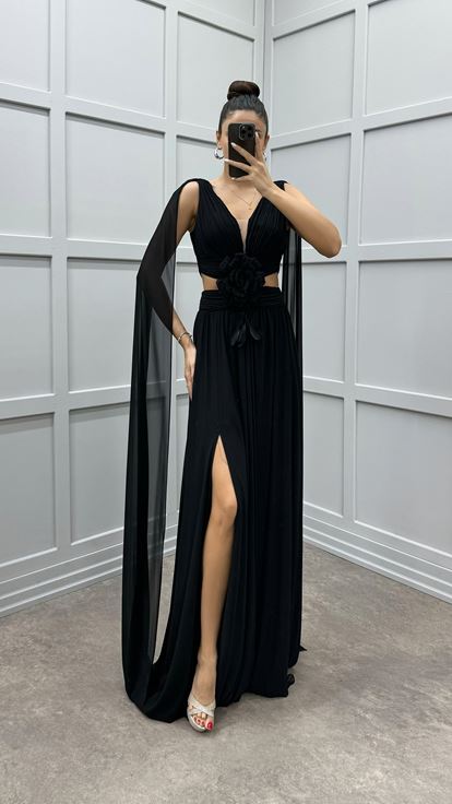 Black Cape Floral Detail Transparent Evening Dress