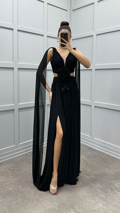 Black Cape Floral Detail Transparent Evening Dress