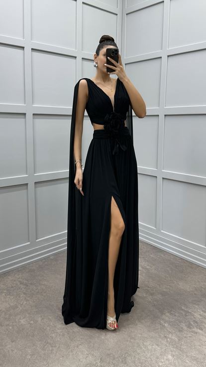 Black Cape Floral Detail Transparent Evening Dress
