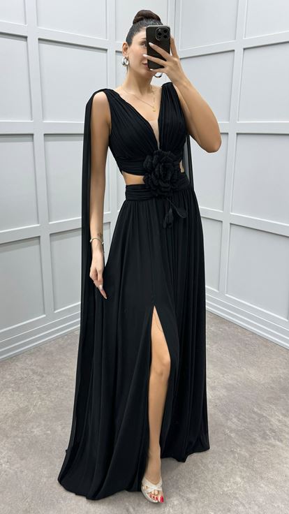 Black Cape Floral Detail Transparent Evening Dress