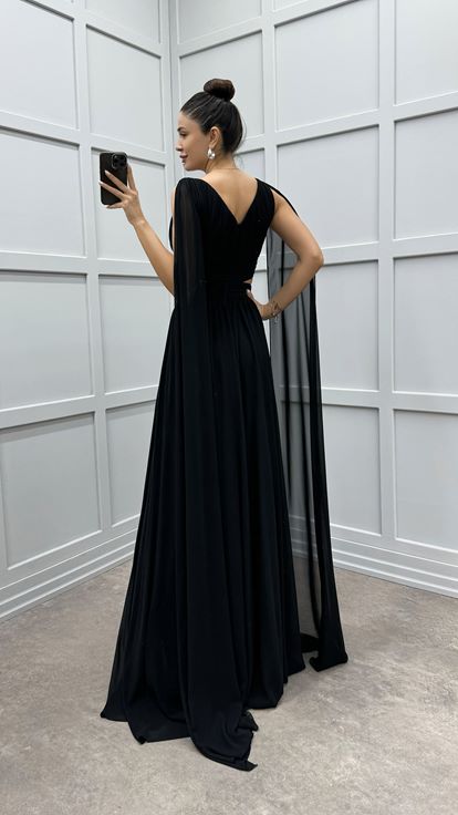 Black Cape Floral Detail Transparent Evening Dress