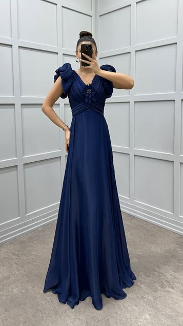 Navy Blue Chest Flower Detail Evening Dress