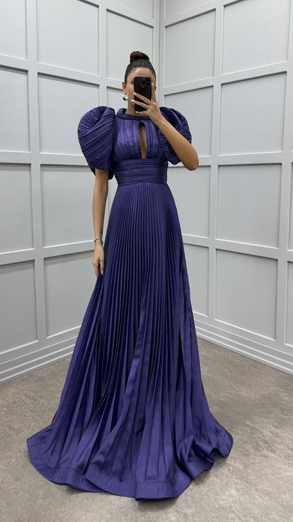 Lilac Sleeve Detail Pleated Evening Dress