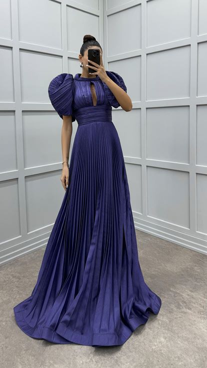 Lilac Sleeve Detail Pleated Evening Dress
