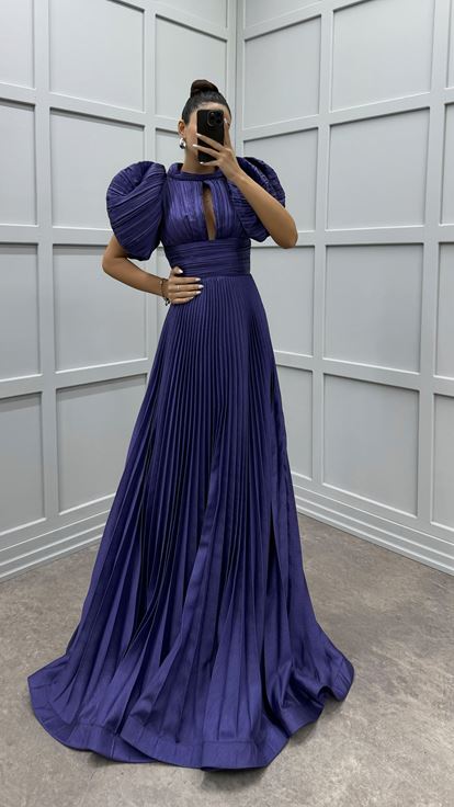 Lilac Sleeve Detail Pleated Evening Dress