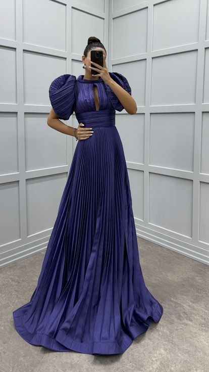 Lilac Sleeve Detail Pleated Evening Dress