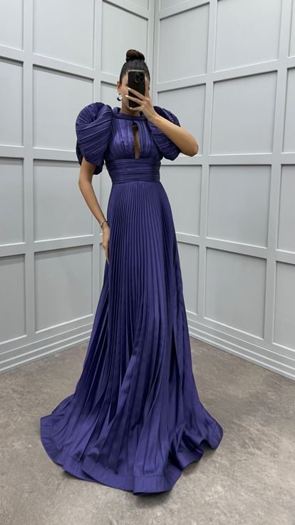 Lilac Sleeve Detail Pleated Evening Dress