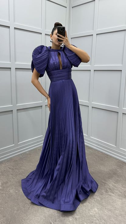 Lilac Sleeve Detail Pleated Evening Dress