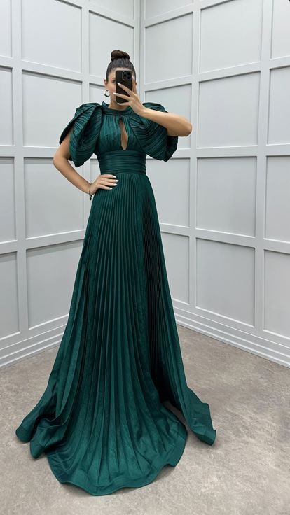 Emerald Green Sleeve Detail Pleated Evening Dress