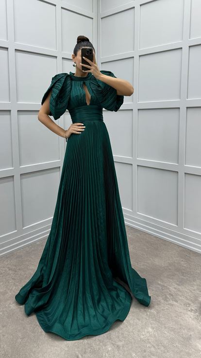 Emerald Green Sleeve Detail Pleated Evening Dress
