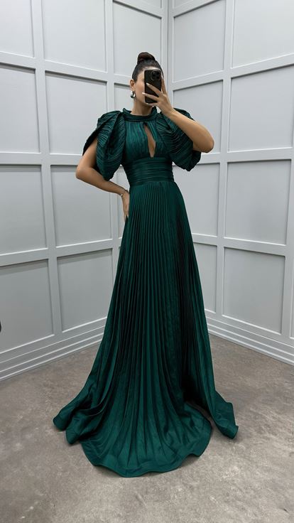 Emerald Green Sleeve Detail Pleated Evening Dress