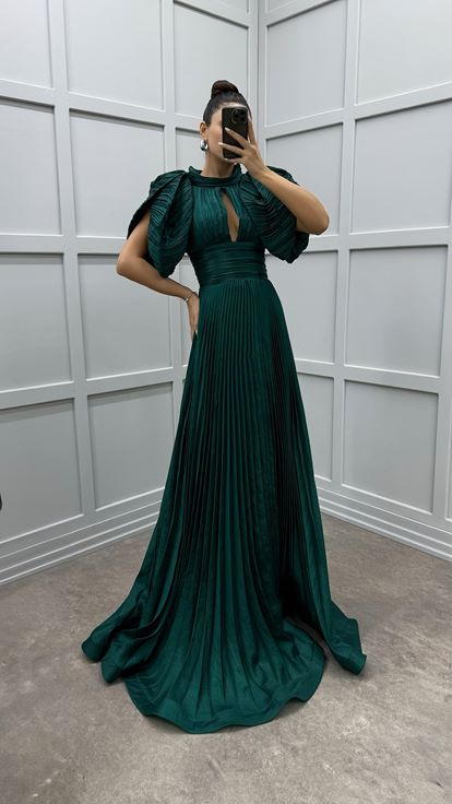 Emerald Green Sleeve Detail Pleated Evening Dress
