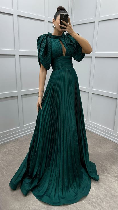 Emerald Green Sleeve Detail Pleated Evening Dress