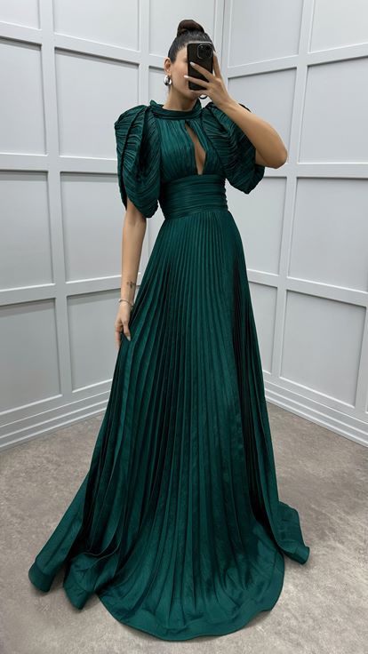 Emerald Green Sleeve Detail Pleated Evening Dress