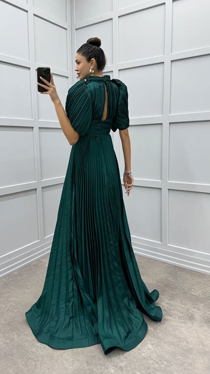 Emerald Green Sleeve Detail Pleated Evening Dress