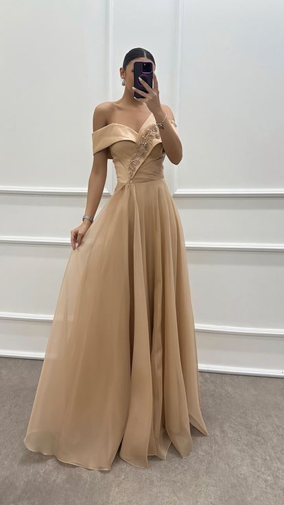 Beige Strapless Shoulder Detail Chest Embroidered Evening Dress