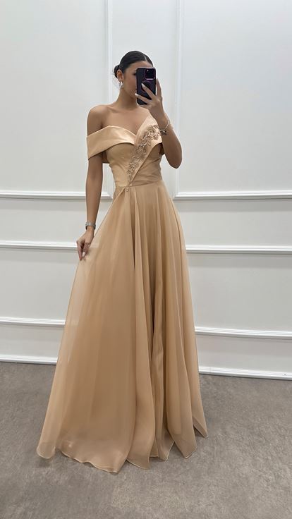 Beige Strapless Shoulder Detail Chest Embroidered Evening Dress