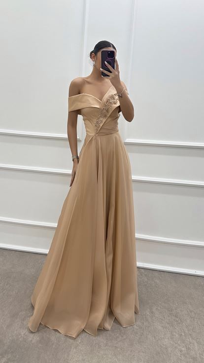 Beige Strapless Shoulder Detail Chest Embroidered Evening Dress