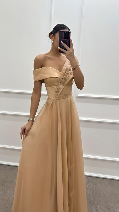 Beige Strapless Shoulder Detail Chest Embroidered Evening Dress