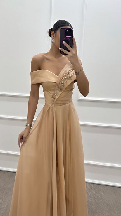 Beige Strapless Shoulder Detail Chest Embroidered Evening Dress