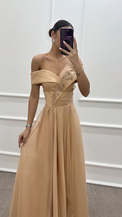 Beige Strapless Shoulder Detail Chest Embroidered Evening Dress