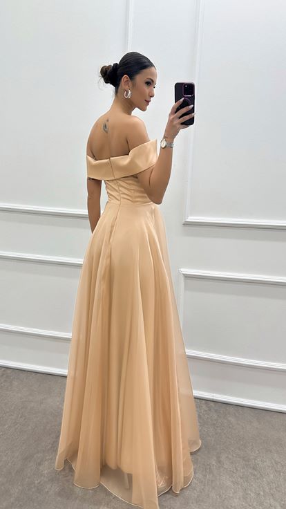 Beige Strapless Shoulder Detail Chest Embroidered Evening Dress