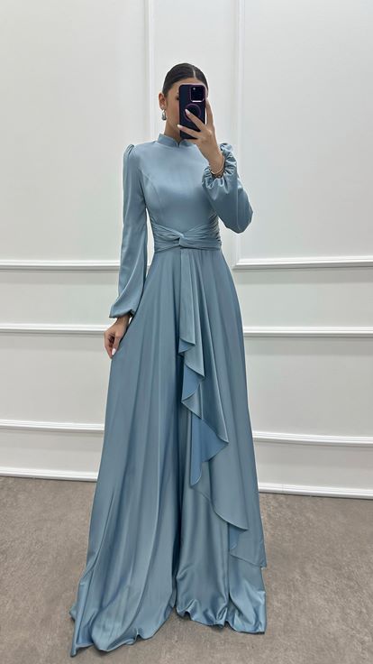 Baby Blue Balloon Sleeve Waist Detail Design Hijab Evening Dress