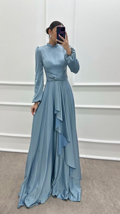 Baby Blue Balloon Sleeve Waist Detail Design Hijab Evening Dress