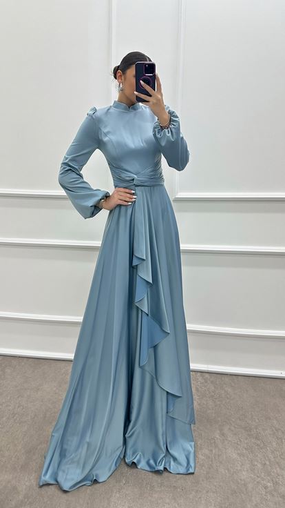 Baby Blue Balloon Sleeve Waist Detail Design Hijab Evening Dress