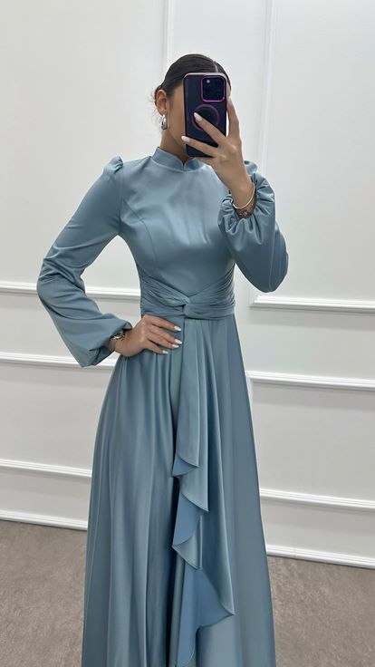 Baby Blue Balloon Sleeve Waist Detail Design Hijab Evening Dress