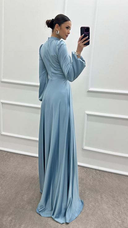 Baby Blue Balloon Sleeve Waist Detail Design Hijab Evening Dress