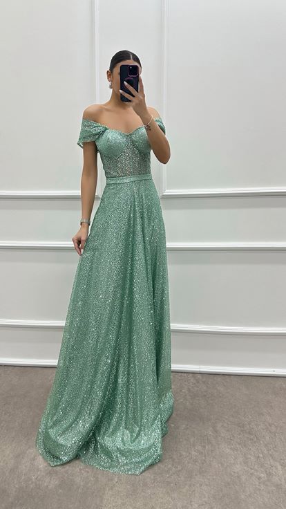 Mint Green Designer Dress with Shoulder Detail Embroidery