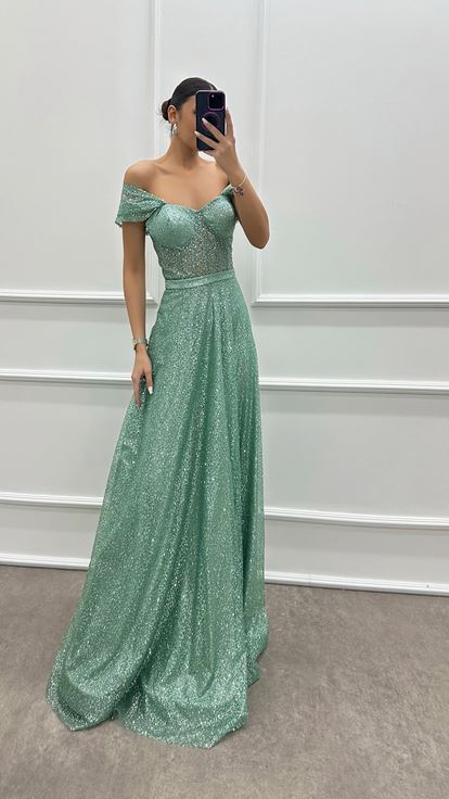 Mint Green Designer Dress with Shoulder Detail Embroidery