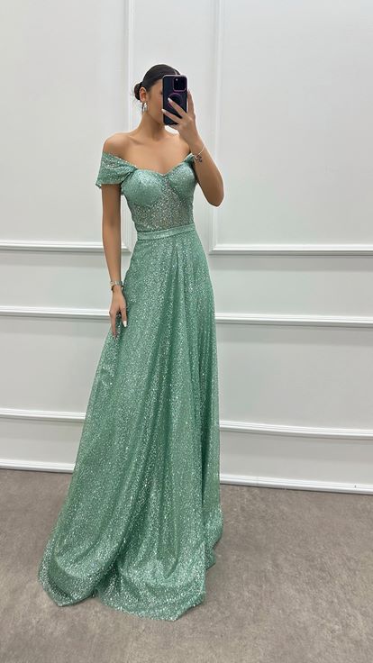Mint Green Designer Dress with Shoulder Detail Embroidery